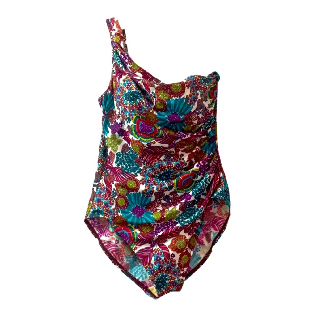 Miraclesuit Floral One Piece Bathing Suit Colorful 10 Shoulder Ruched Swimsuit